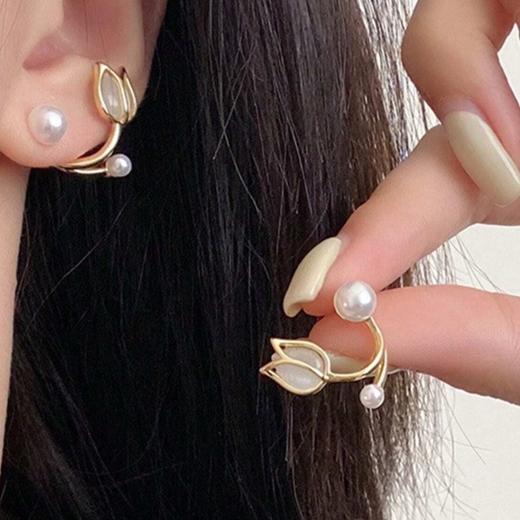 Luxe Gold Tone Tulip Faux Pearl Huggie Earrings - Picture 1 of 4